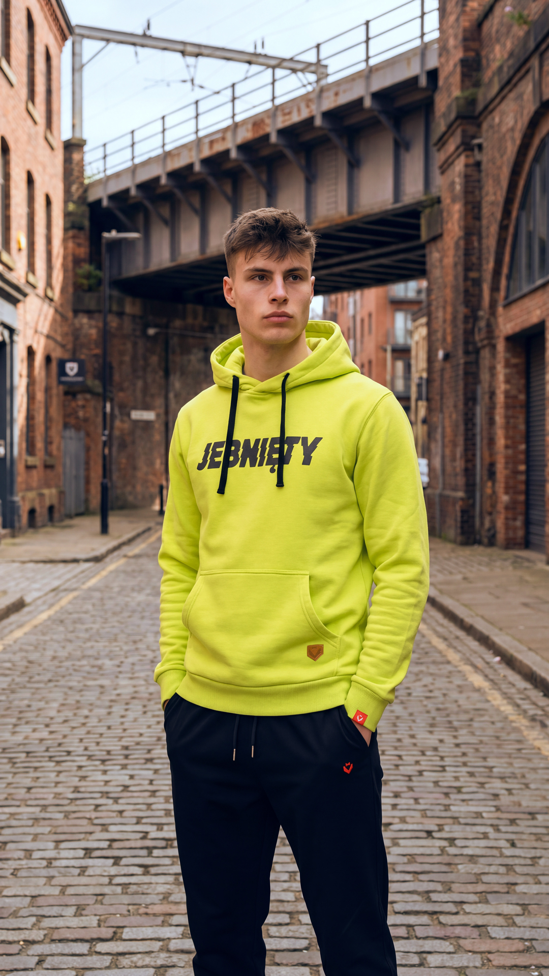 bluza męska limonkowa z kapturem jebnięty